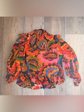 FARM Rio Black Multicolor Floral Smocked Blouse